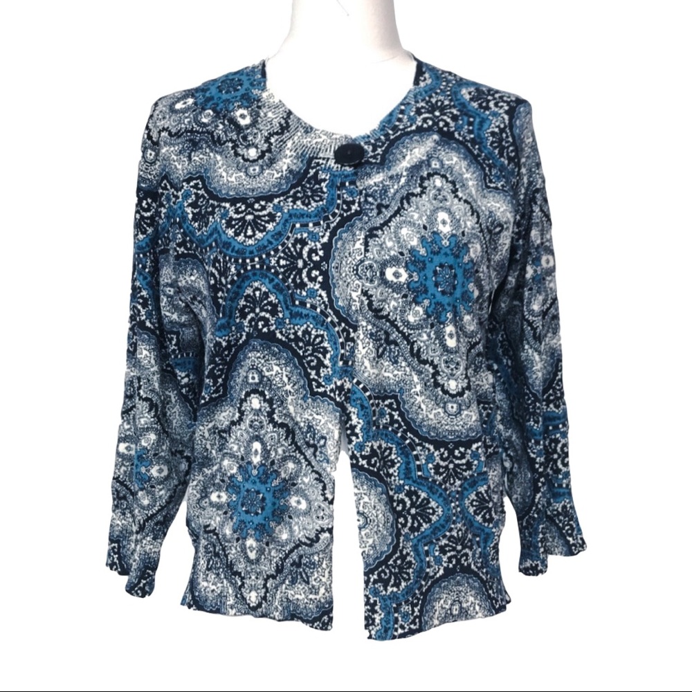 Evie LG Single-Button, Crew, Silk-Blend, Paisley, Shrug/Cardigan, 3/4 Sleeve EUC